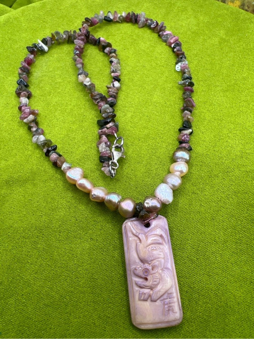 Vintage Chinese Zodiac Tiger Pendant Necklace Tourmaline Pearl 925 OOAK